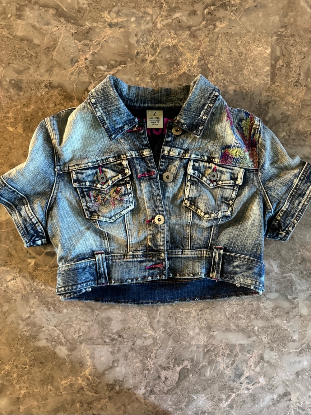 Vintage Blue Denim Cropped Jacket with Paint Detail